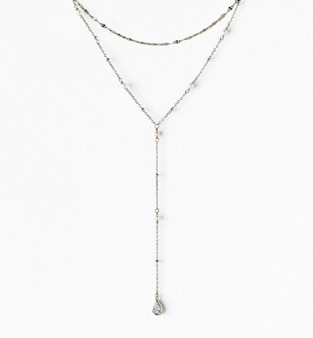 Perla Lariat Layered 18K White Gold Necklace | Mix Mix Style [Hot Seller]-Mix MIx Style