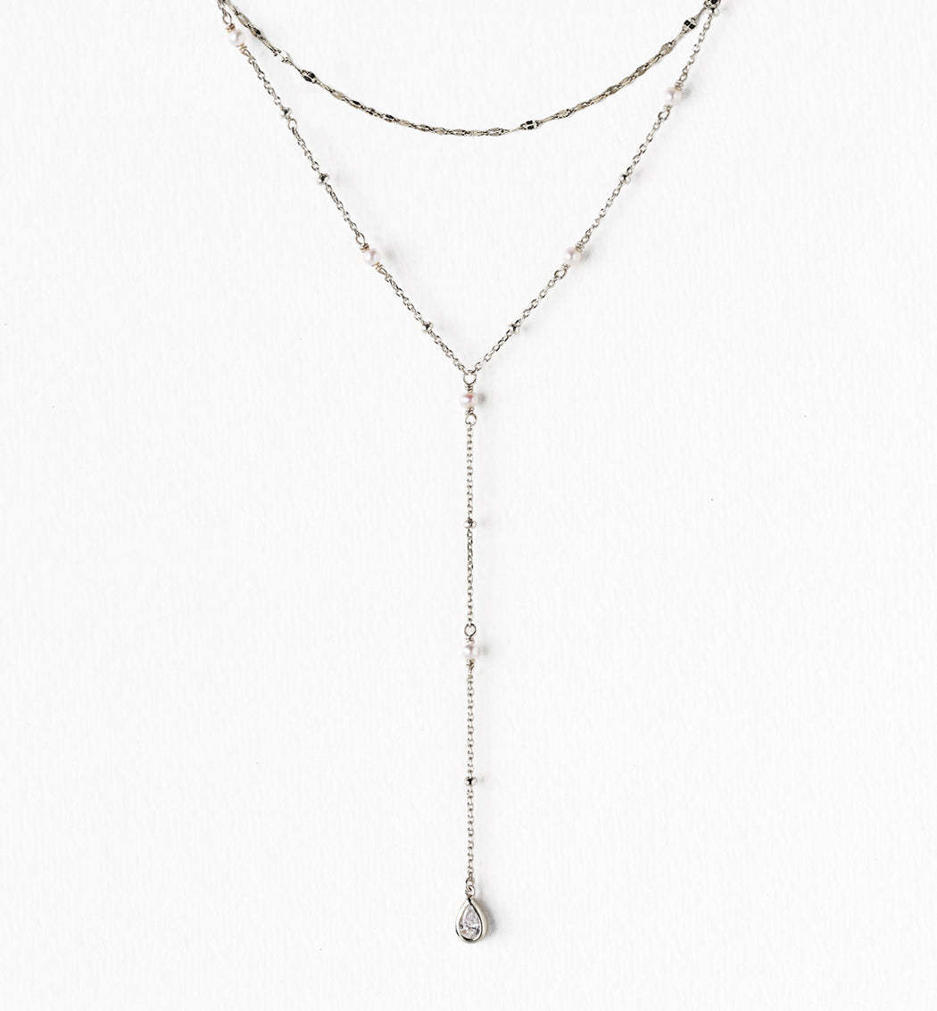 Perla Lariat Layered 18K White Gold Necklace | Mix Mix Style [Hot Seller]-Mix MIx Style