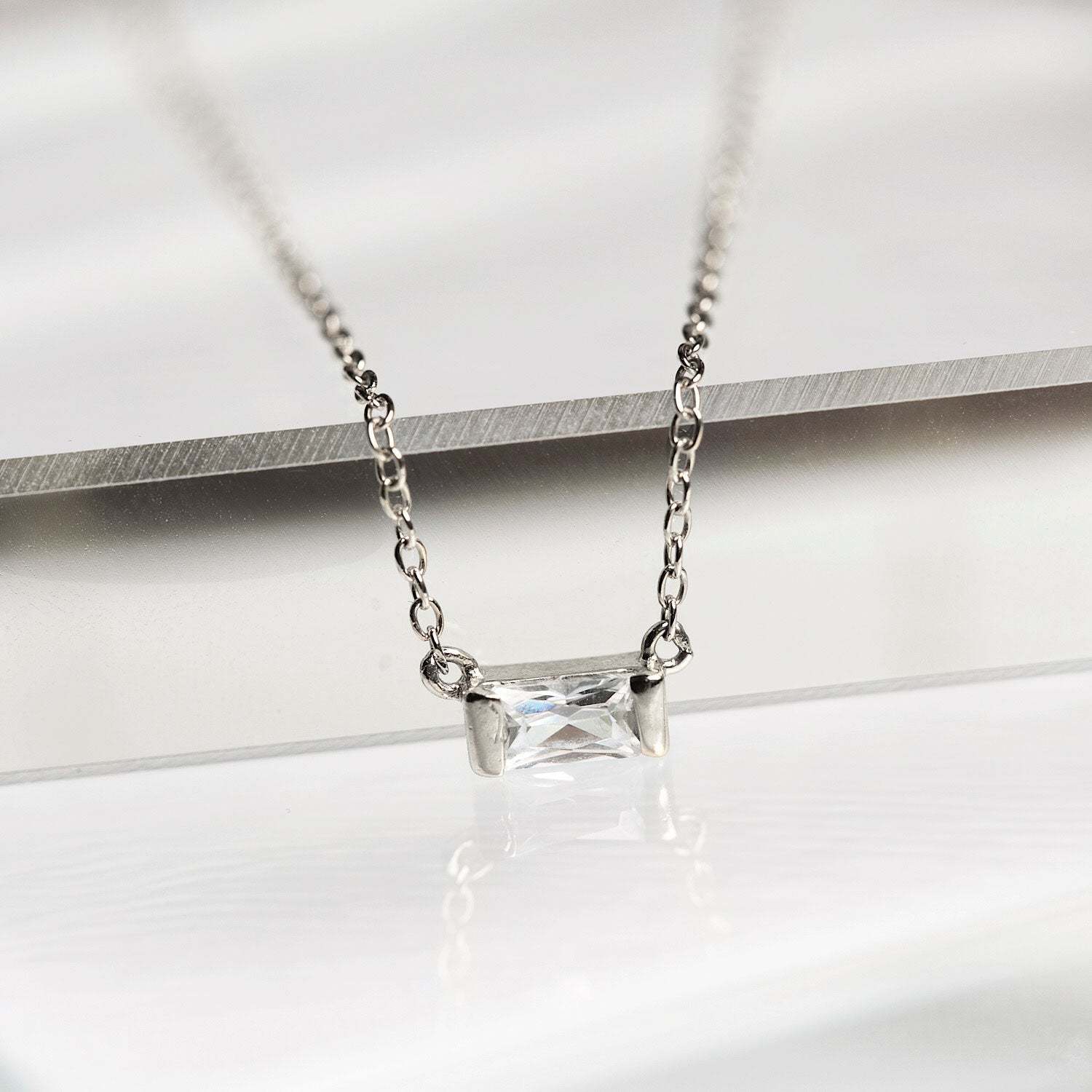 Baguette Pendant 18K White Gold Necklace | Mix Mix Style [Hot Seller]-Mix MIx Style