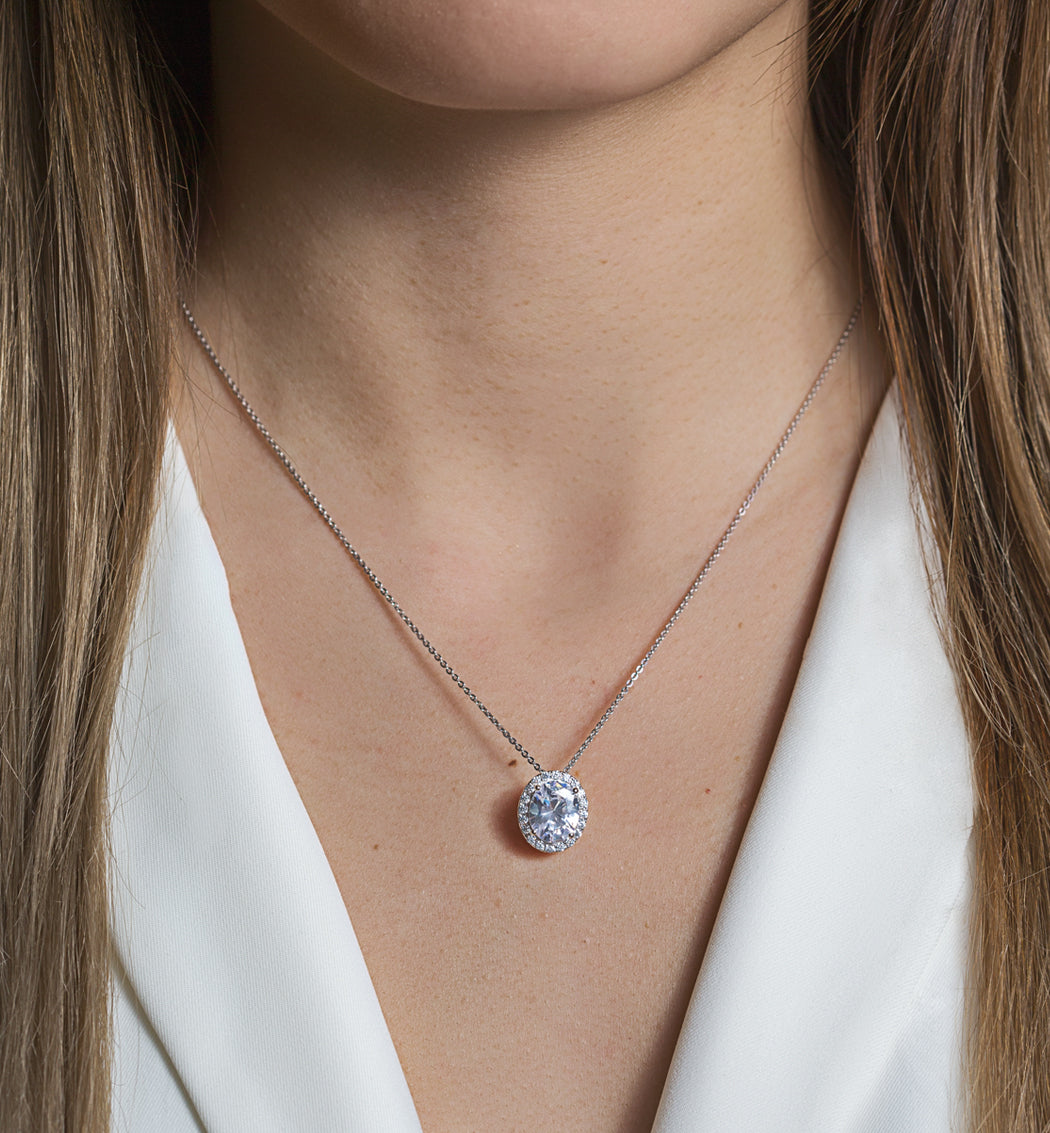 Ovali Halo Pendant 18K White Gold Necklace | Mix Mix Style [Hot Seller]-Mix MIx Style