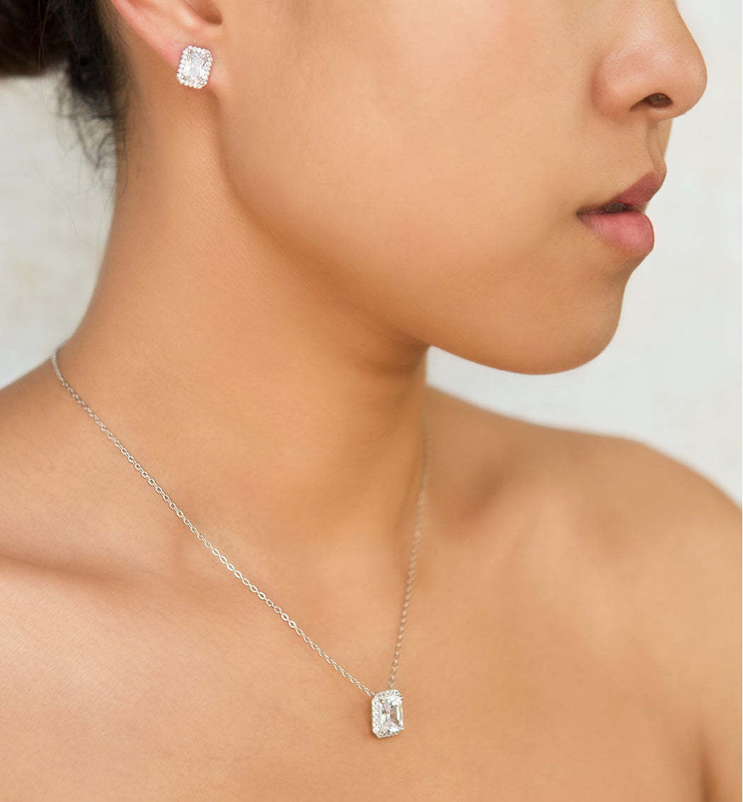Emerald Cut 18K White Gold Earring and Necklace Set | Mix Mix Style [Hot Seller]-Mix MIx Style