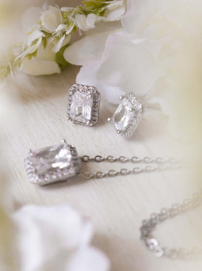 Emerald Cut 18K White Gold Earring and Necklace Set | Mix Mix Style [Hot Seller]-Mix MIx Style
