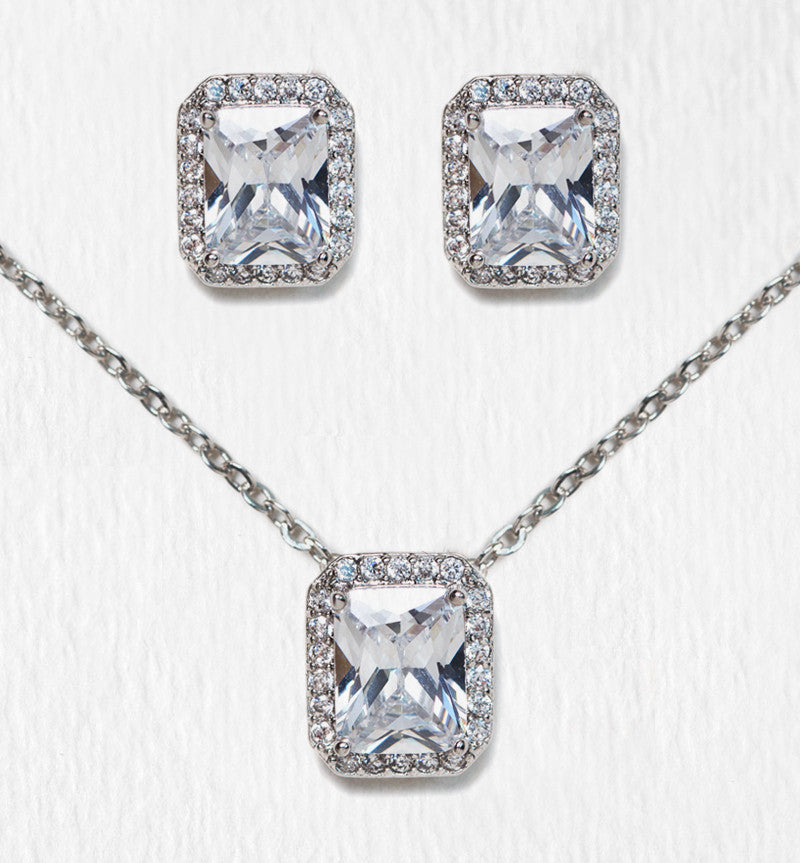 Emerald Cut 18K White Gold Earring and Necklace Set | Mix Mix Style [Hot Seller]-Mix MIx Style