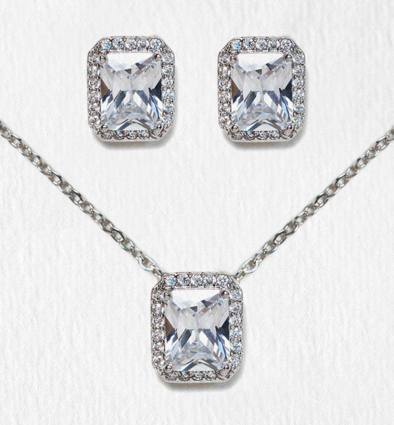 Emerald Cut 18K White Gold Earring and Necklace Set | Mix Mix Style [Hot Seller]-Mix MIx Style