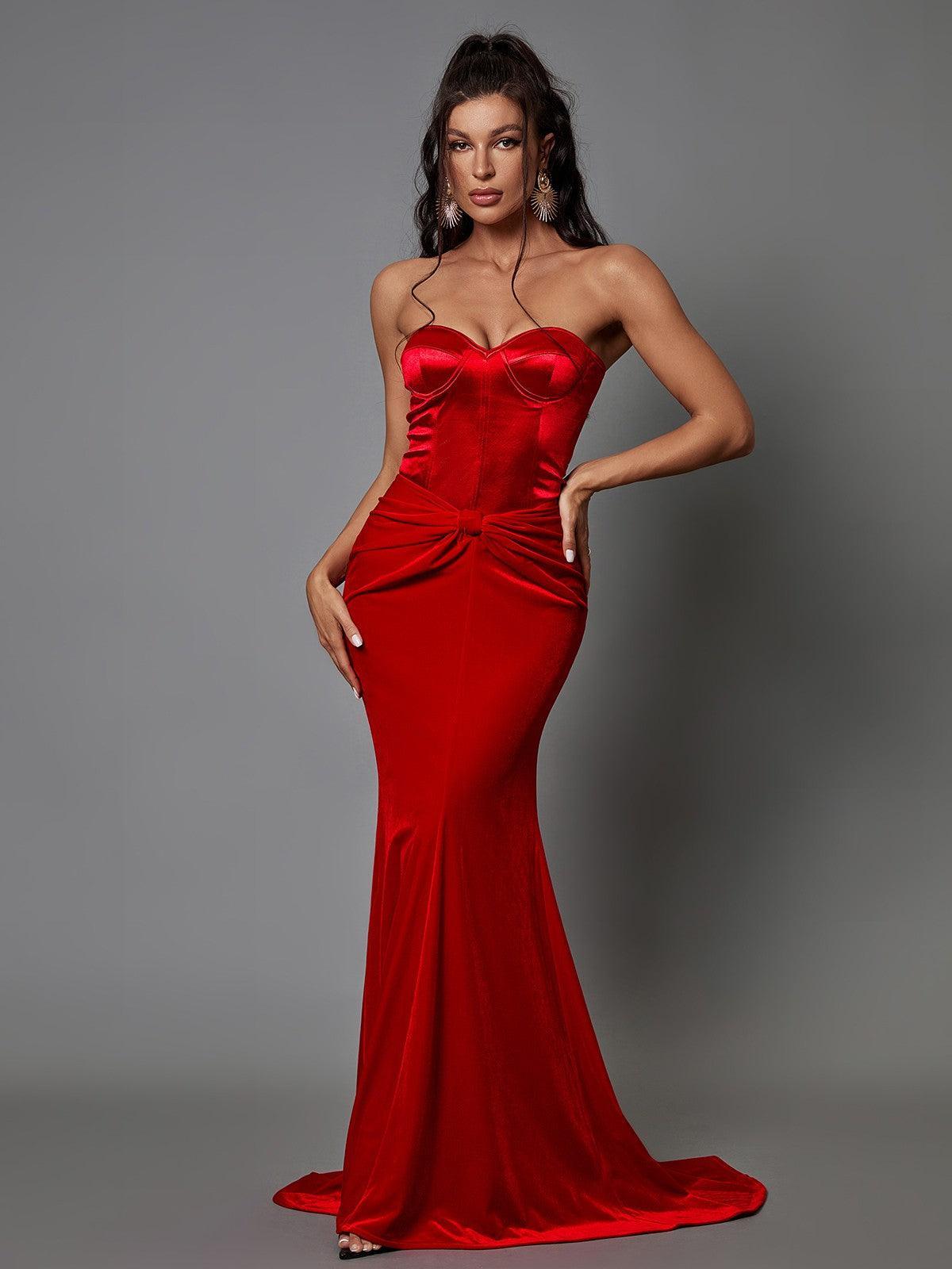 Red Strapless Velvet Maxi Dress | Mix Mix Style [Hot Seller]-Mix MIx Style