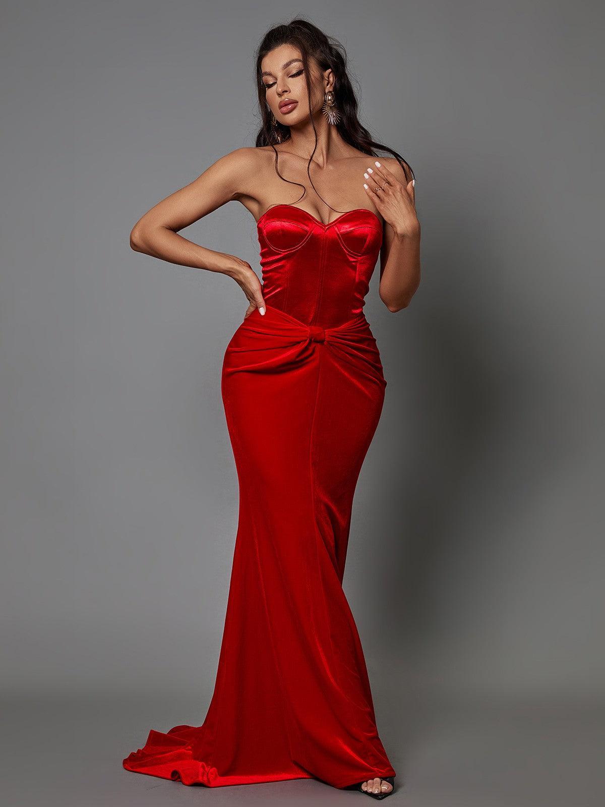 Red Strapless Velvet Maxi Dress | Mix Mix Style [Hot Seller]-Mix MIx Style