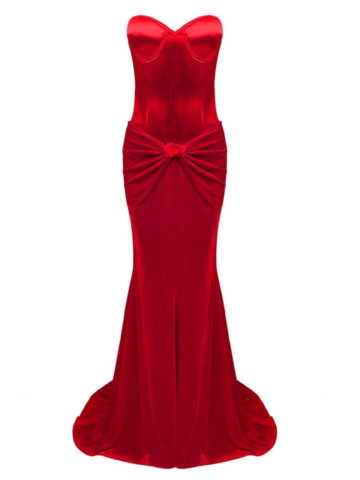 Red Strapless Velvet Maxi Dress | Mix Mix Style [Hot Seller]-Mix MIx Style
