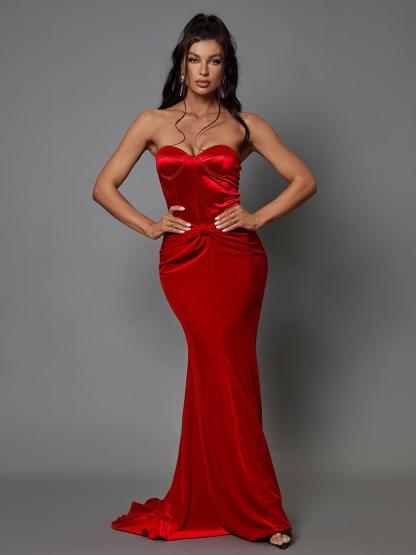 Red Strapless Velvet Maxi Dress | Mix Mix Style [Hot Seller]-Mix MIx Style