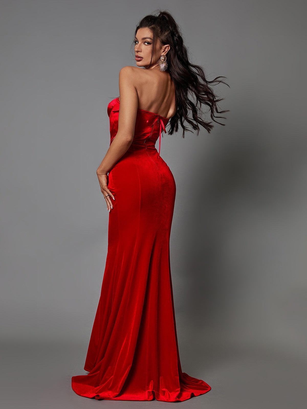 Red Strapless Velvet Maxi Dress | Mix Mix Style [Hot Seller]-Mix MIx Style