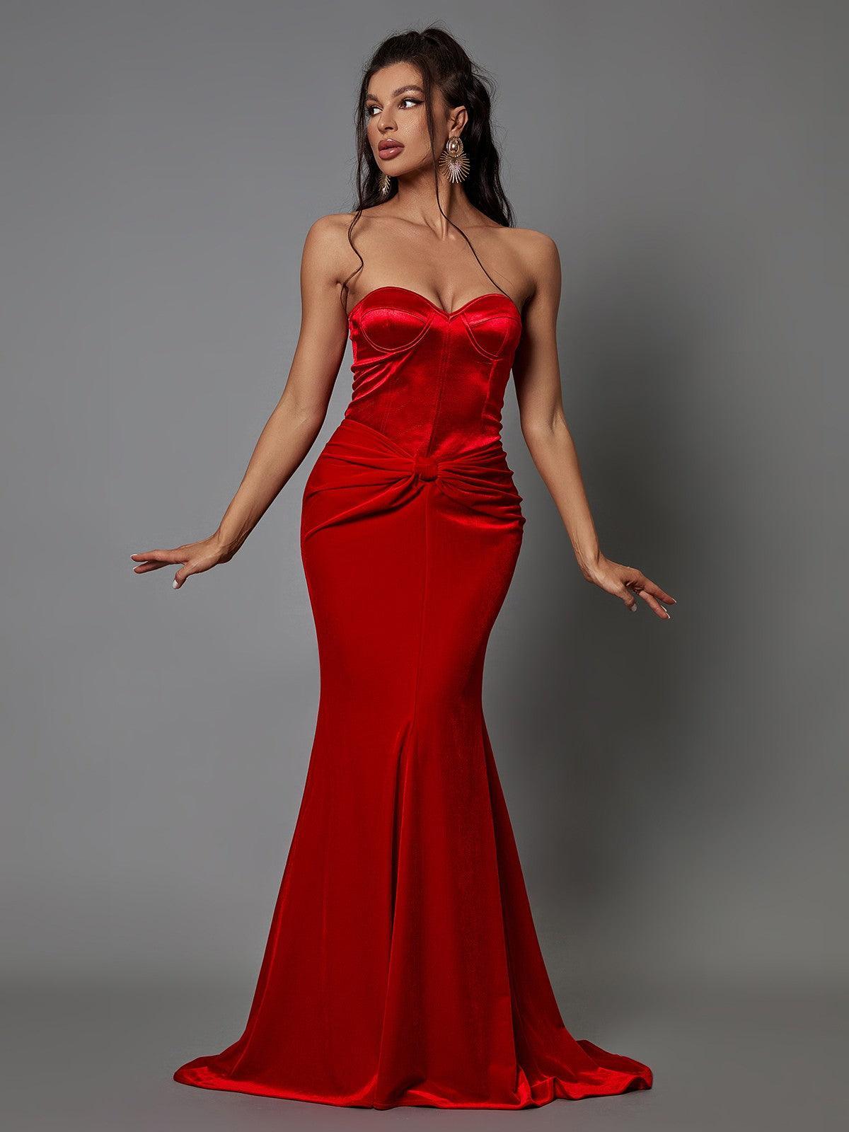 Red Strapless Velvet Maxi Dress | Mix Mix Style [Hot Seller]-Mix MIx Style