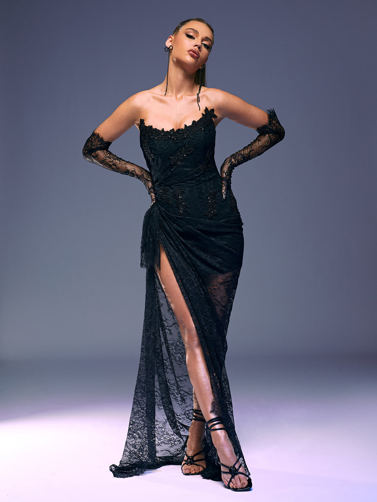 Black Strapless Lace Maxi Dress With Gloves | Mix Mix Style [Hot Seller]-Mix MIx Style