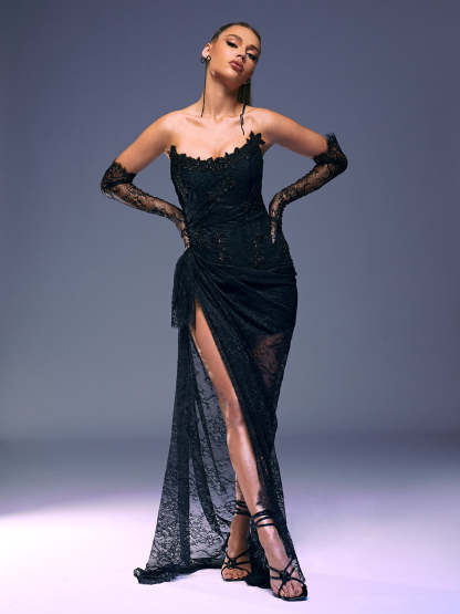 Black Strapless Lace Maxi Dress With Gloves | Mix Mix Style [Hot Seller]-Mix MIx Style