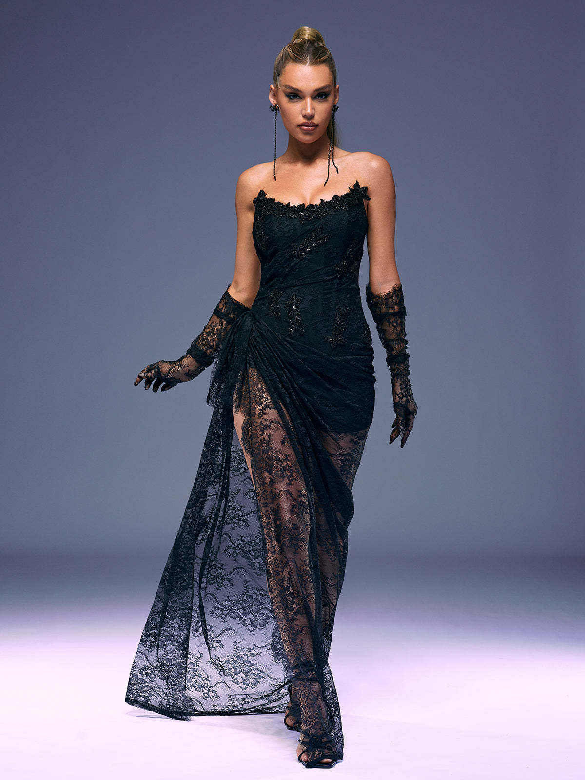 Black Strapless Lace Maxi Dress With Gloves | Mix Mix Style [Hot Seller]-Mix MIx Style