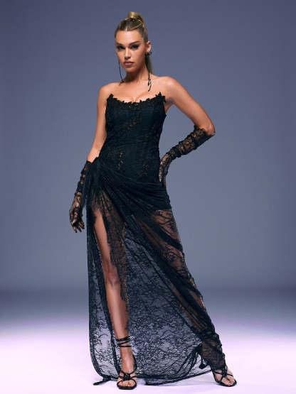 Black Strapless Lace Maxi Dress With Gloves | Mix Mix Style [Hot Seller]-Mix MIx Style