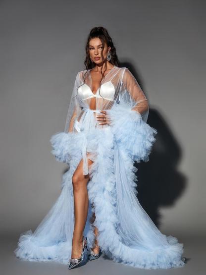 Nebula Long Sleeve Tulle Maxi Dress In Sky-Mix MIx Style