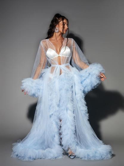 Nebula Long Sleeve Tulle Maxi Dress In Sky-Mix MIx Style