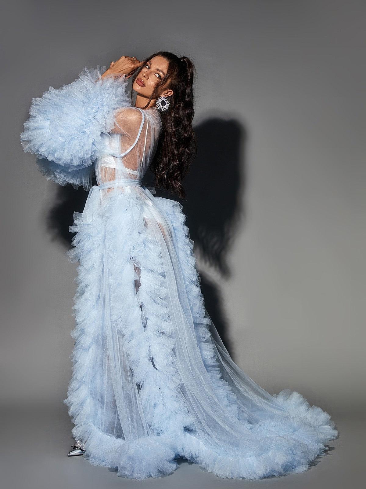 Nebula Long Sleeve Tulle Maxi Dress In Sky-Mix MIx Style