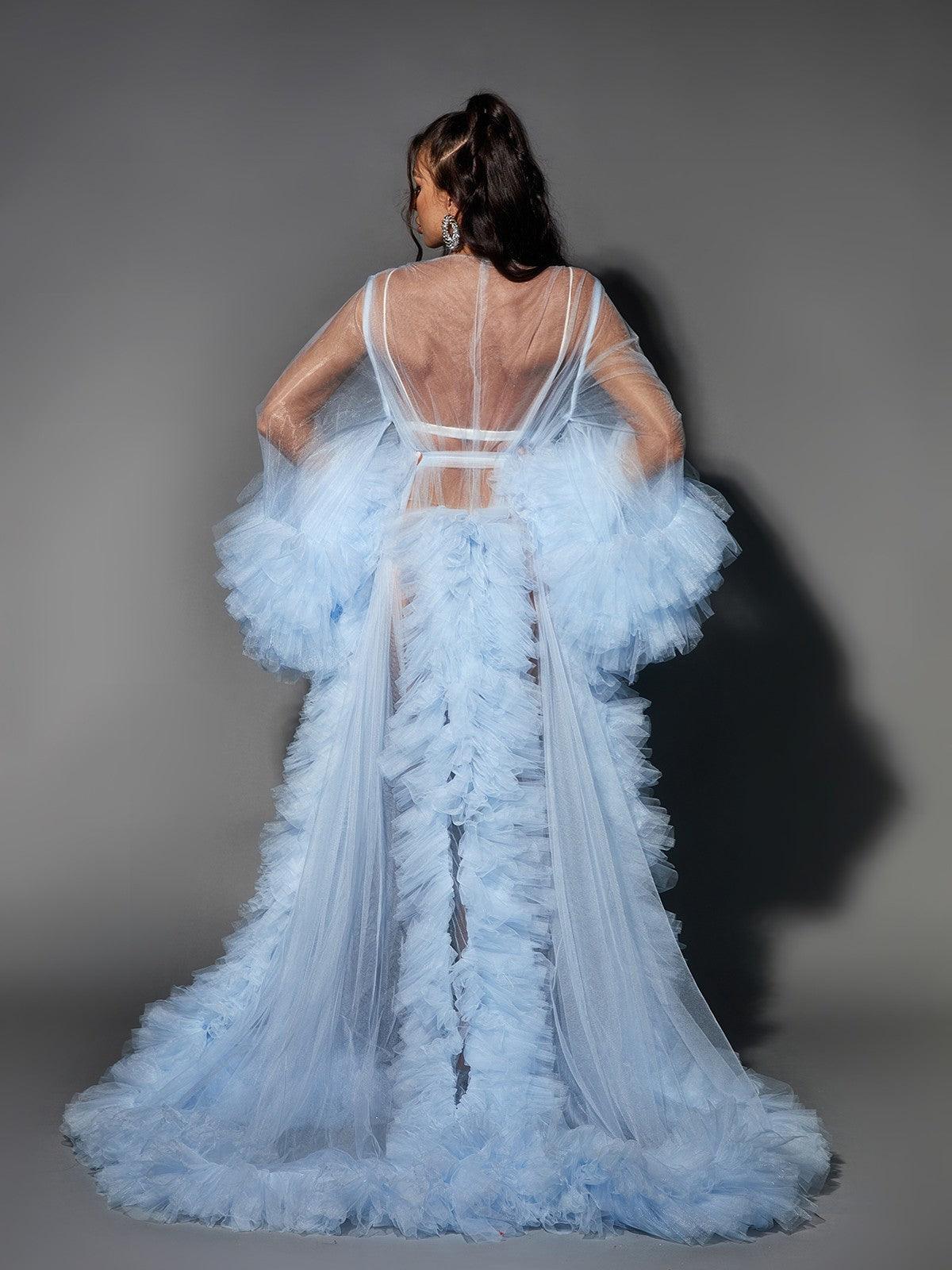 Nebula Long Sleeve Tulle Maxi Dress In Sky-Mix MIx Style