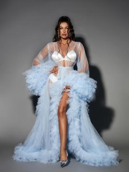 Nebula Long Sleeve Tulle Maxi Dress In Sky-Mix MIx Style