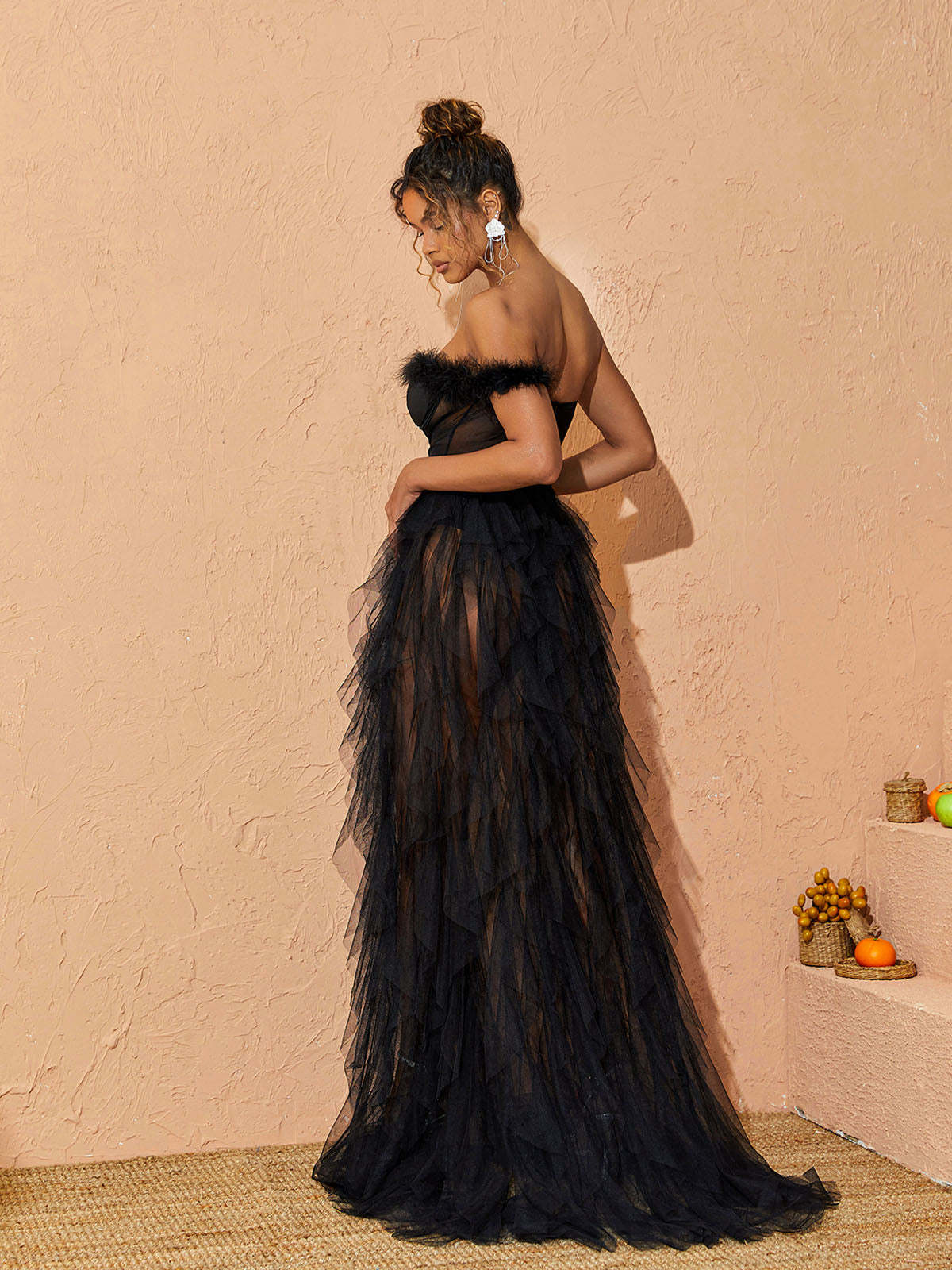 One Shoulder Tulle Maxi Dress In Black | Mix Mix Style [Hot Seller]-Mix MIx Style