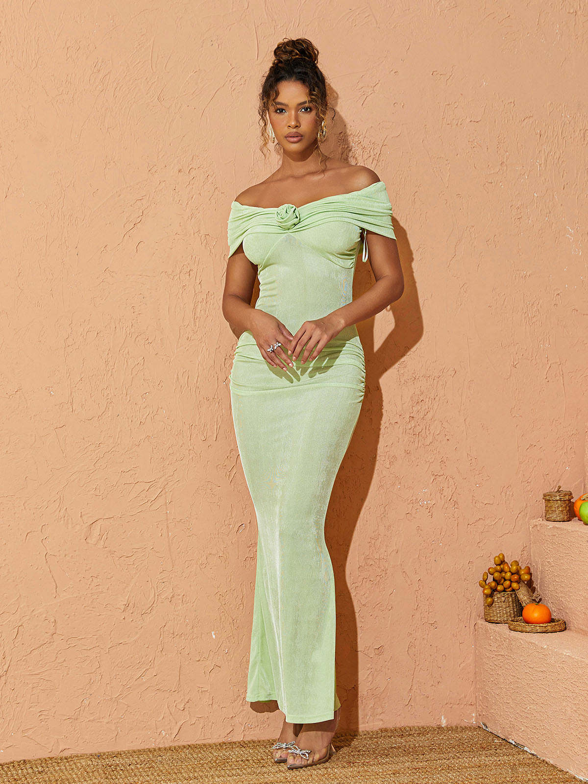 Green Off Shoulder Ruched Maxi Dress | Mix Mix Style [Hot Seller]-Mix MIx Style