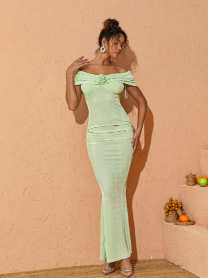 Green Off Shoulder Ruched Maxi Dress | Mix Mix Style [Hot Seller]-Mix MIx Style