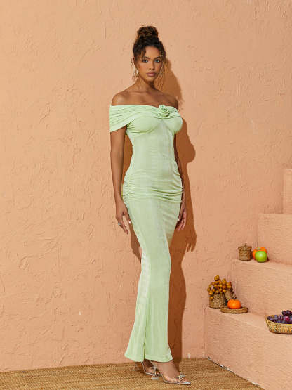 Green Off Shoulder Ruched Maxi Dress | Mix Mix Style [Hot Seller]-Mix MIx Style