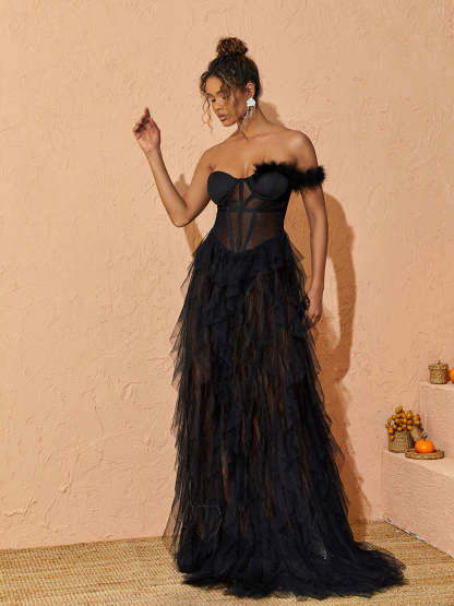 One Shoulder Tulle Maxi Dress In Black | Mix Mix Style [Hot Seller]-Mix MIx Style