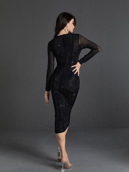 Black Long Sleeve Crystal Embellished Midi Dress | Mix Mix Style [Hot Seller]-Mix MIx Style