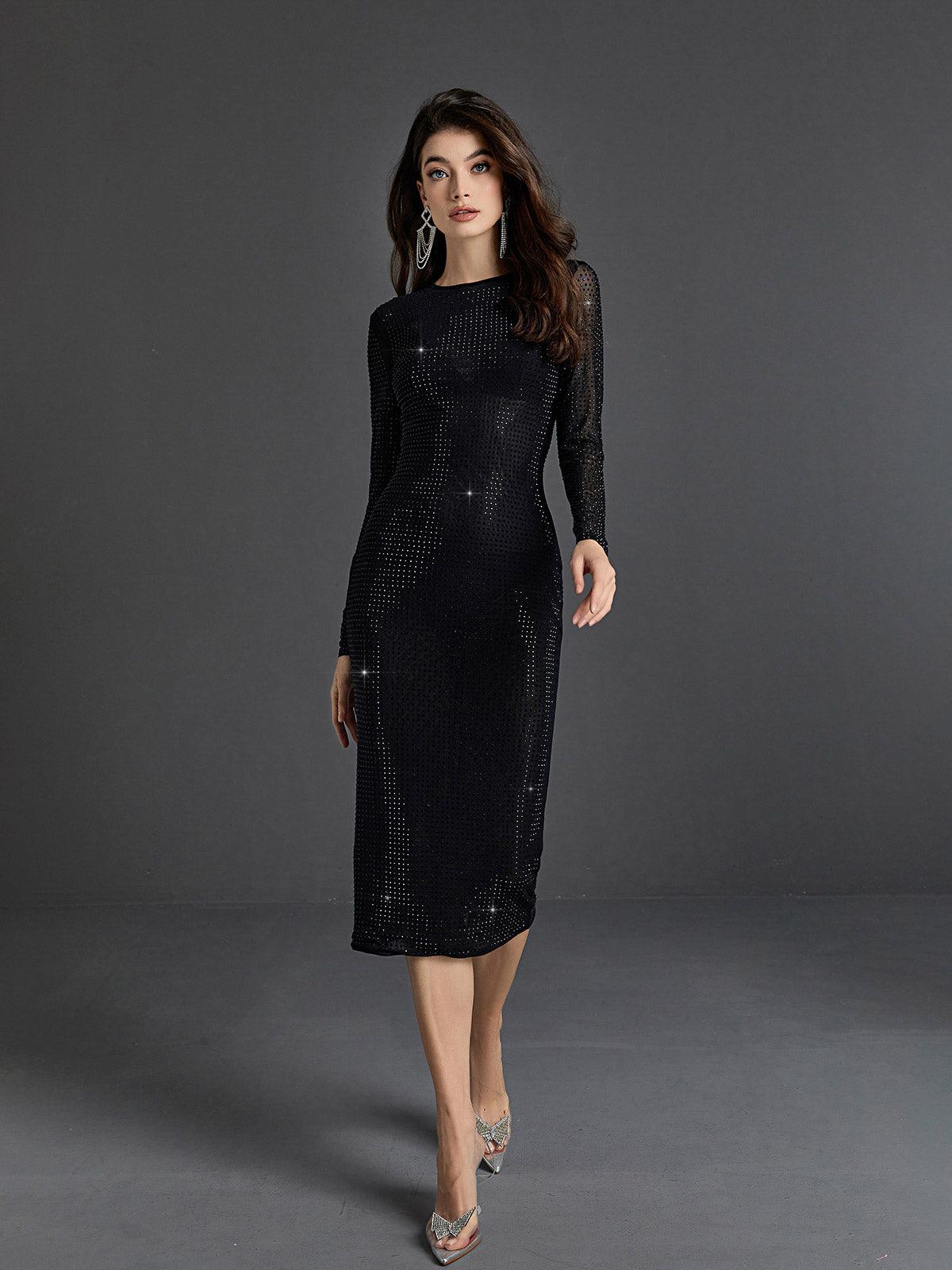 Black Long Sleeve Crystal Embellished Midi Dress | Mix Mix Style [Hot Seller]-Mix MIx Style