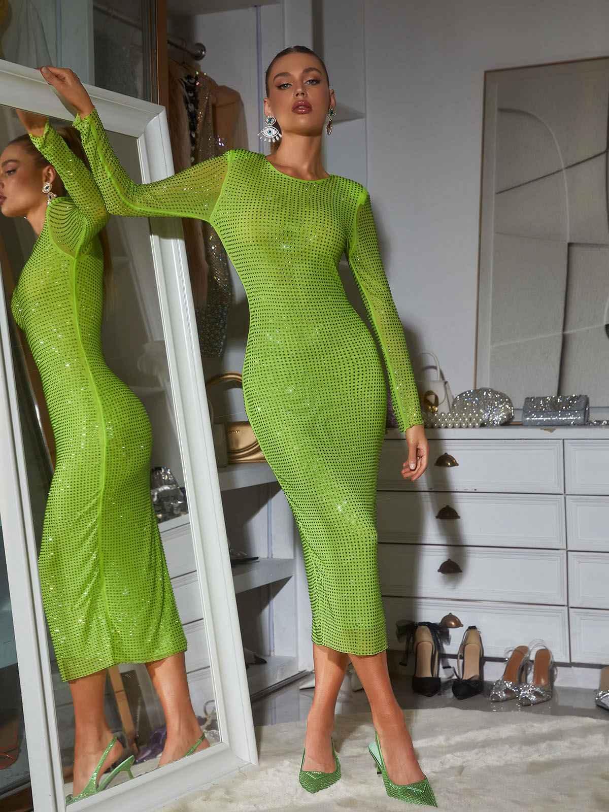 Neriah Long Sleeve Crystal Midi Dress In Green-Mix MIx Style