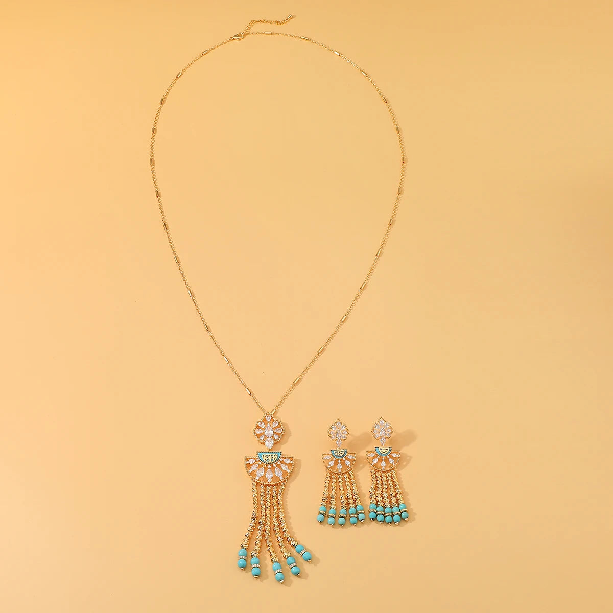 New Fashion Women's Long Chian Necklace Earrings Set Flower Design Beads Tassel Arabian Style Trendy Party Wedding Jewelry Set-Mix MIx Style