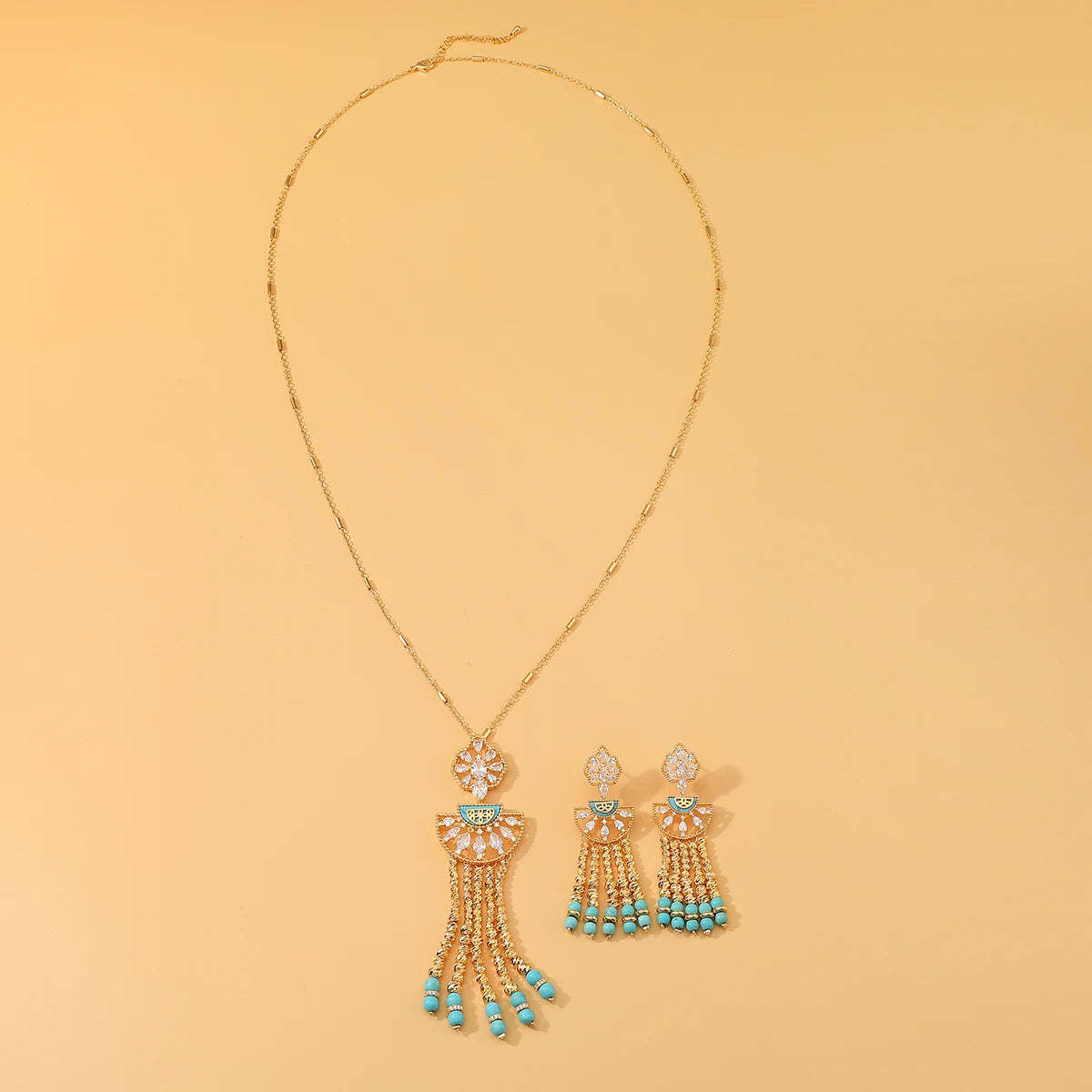 New Fashion Women's Long Chian Necklace Earrings Set Flower Design Beads Tassel Arabian Style Trendy Party Wedding Jewelry Set-Mix MIx Style