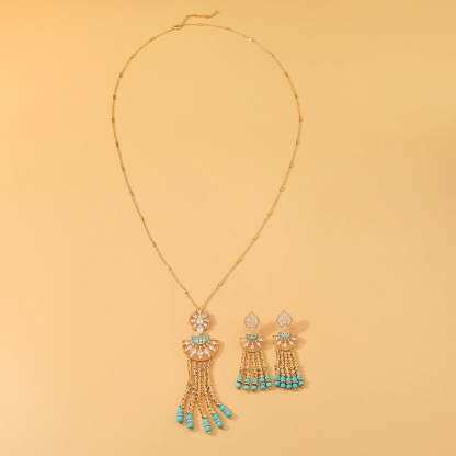 New Fashion Women's Long Chian Necklace Earrings Set Flower Design Beads Tassel Arabian Style Trendy Party Wedding Jewelry Set-Mix MIx Style
