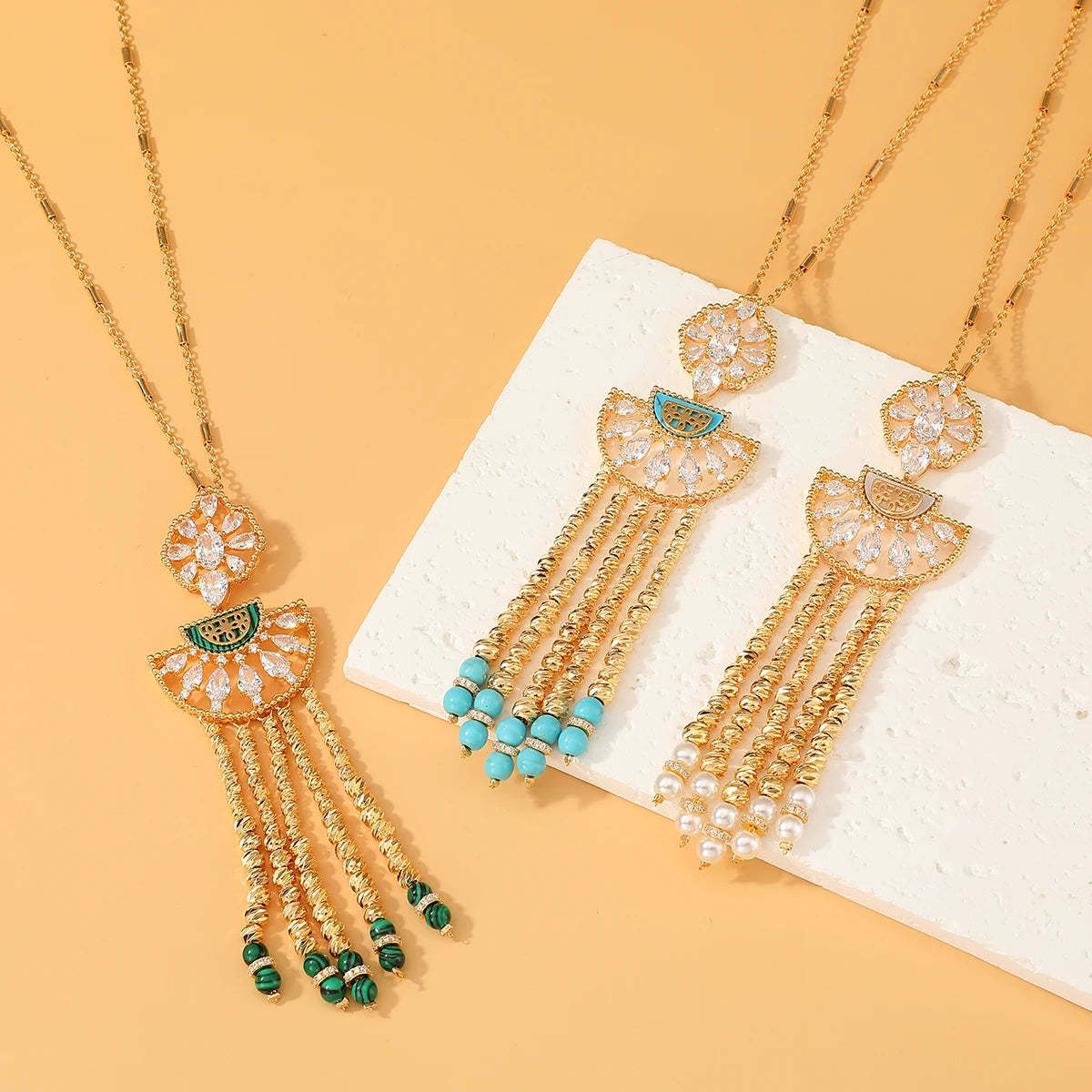 New Fashion Women's Long Chian Necklace Earrings Set Flower Design Beads Tassel Arabian Style Trendy Party Wedding Jewelry Set-Mix MIx Style