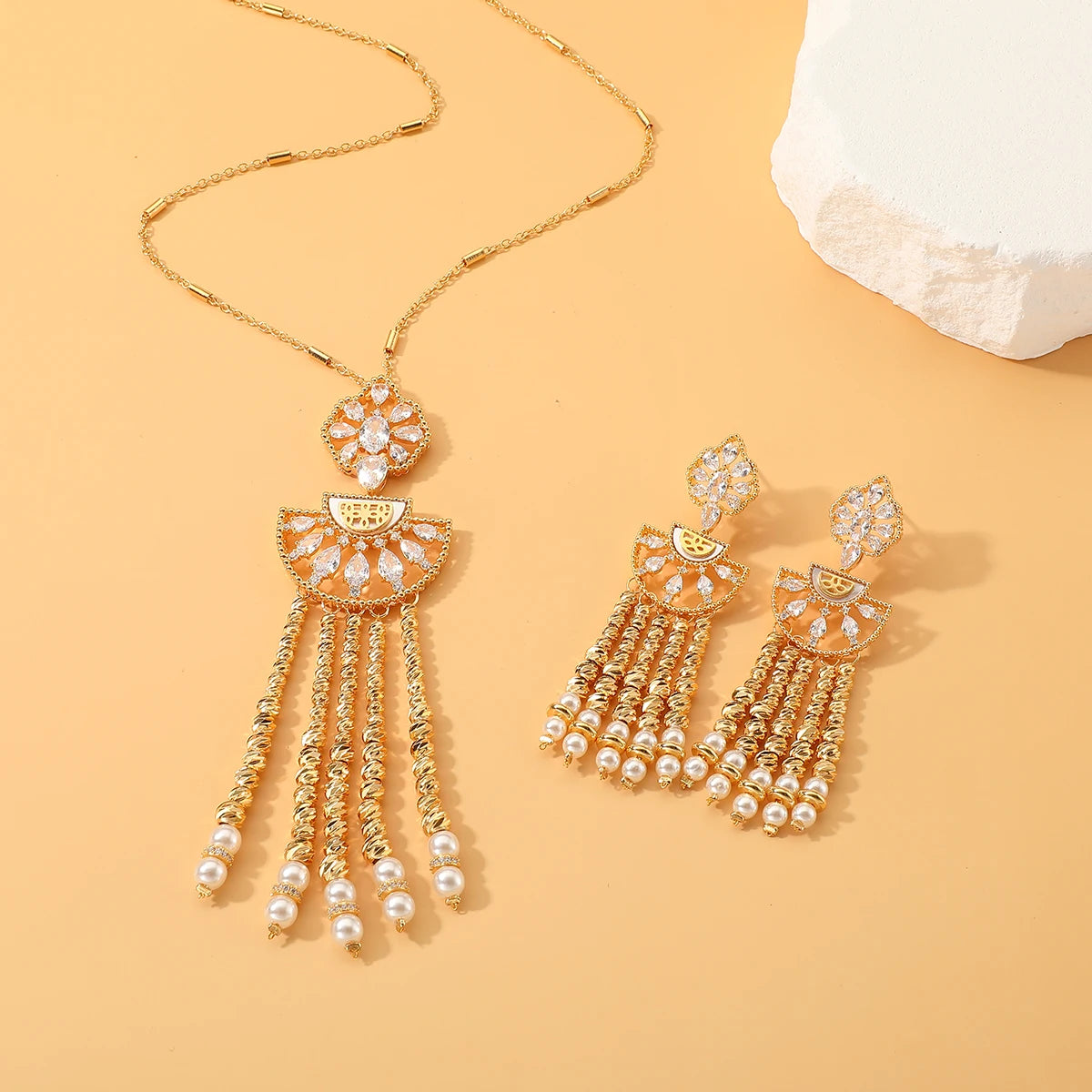 New Fashion Women's Long Chian Necklace Earrings Set Flower Design Beads Tassel Arabian Style Trendy Party Wedding Jewelry Set-Mix MIx Style