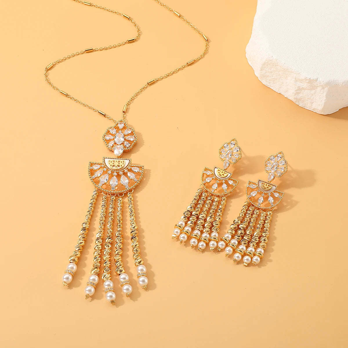 New Fashion Women's Long Chian Necklace Earrings Set Flower Design Beads Tassel Arabian Style Trendy Party Wedding Jewelry Set-Mix MIx Style