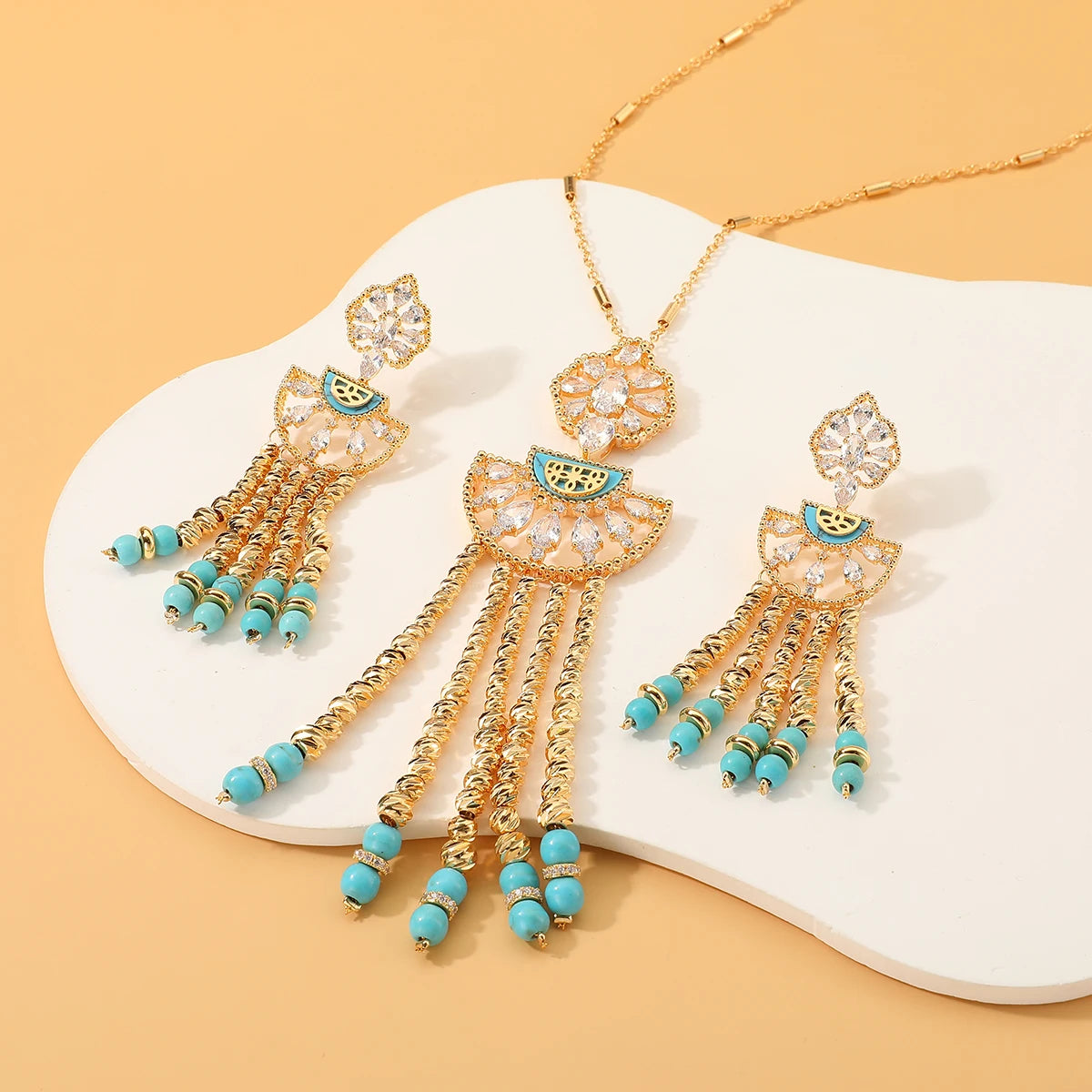 New Fashion Women's Long Chian Necklace Earrings Set Flower Design Beads Tassel Arabian Style Trendy Party Wedding Jewelry Set-Mix MIx Style