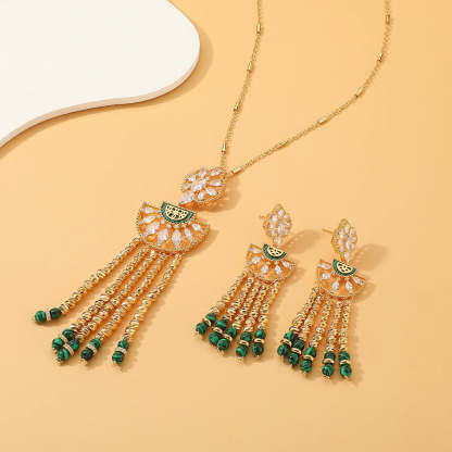 New Fashion Women's Long Chian Necklace Earrings Set Flower Design Beads Tassel Arabian Style Trendy Party Wedding Jewelry Set-Mix MIx Style