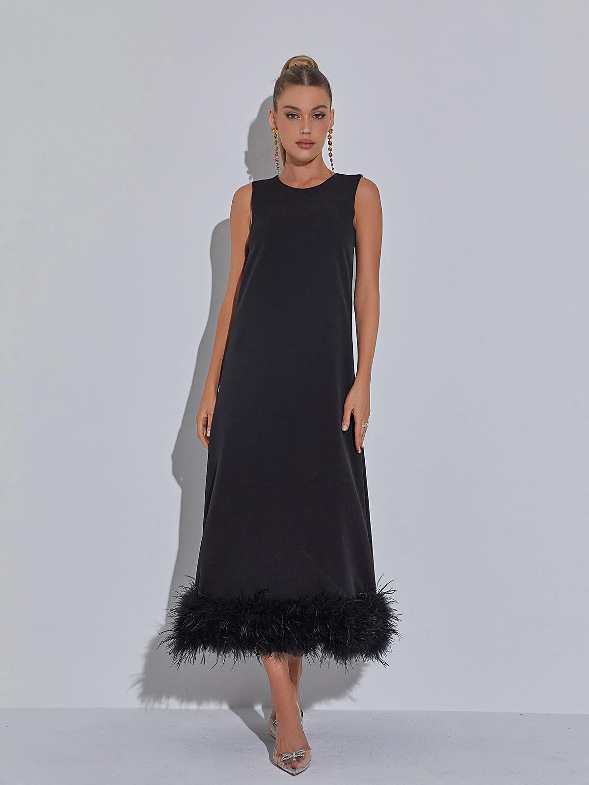 Nisha Feather Midi Dress In Black-Mix MIx Style