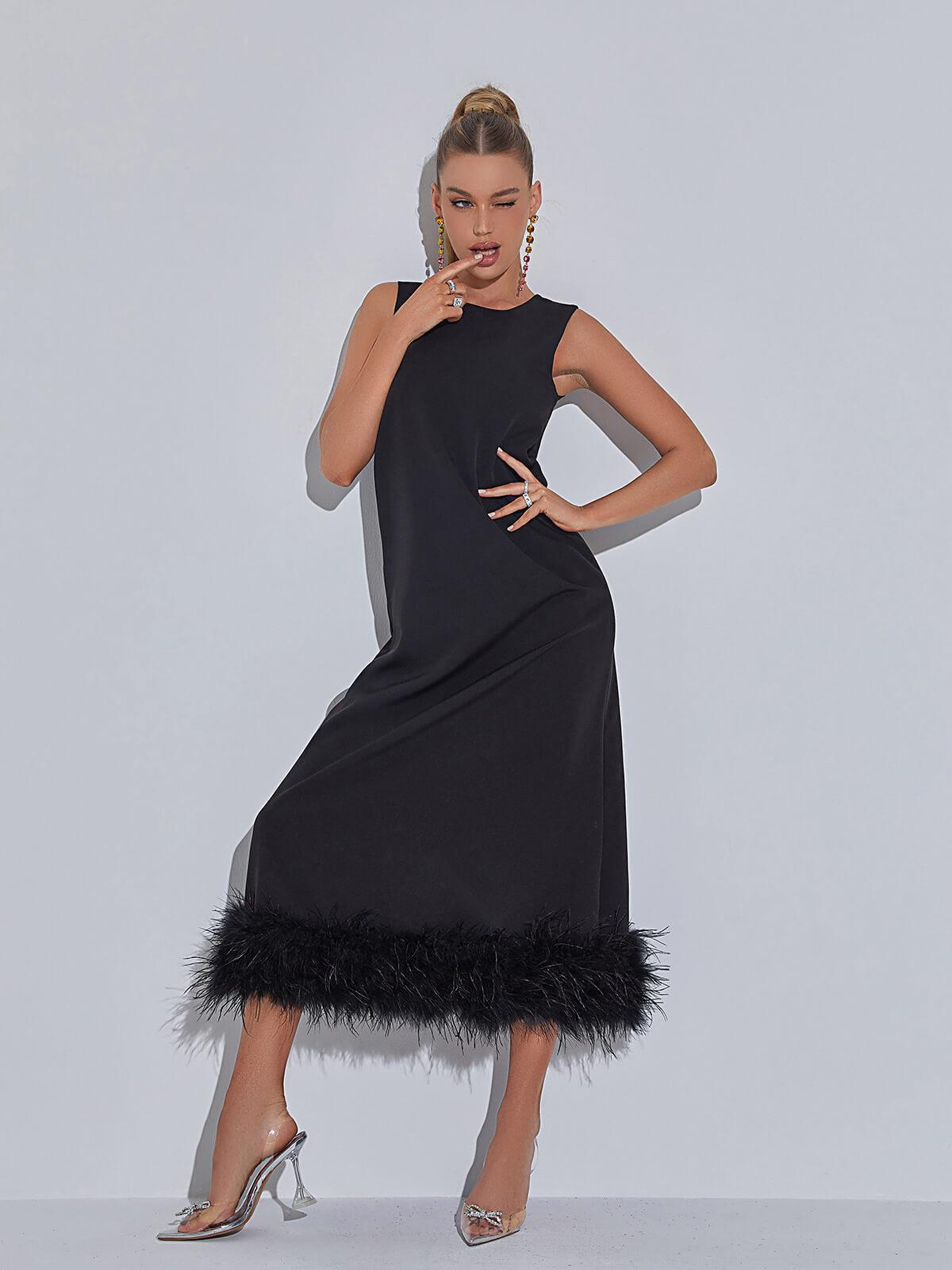 Nisha Feather Midi Dress In Black-Mix MIx Style