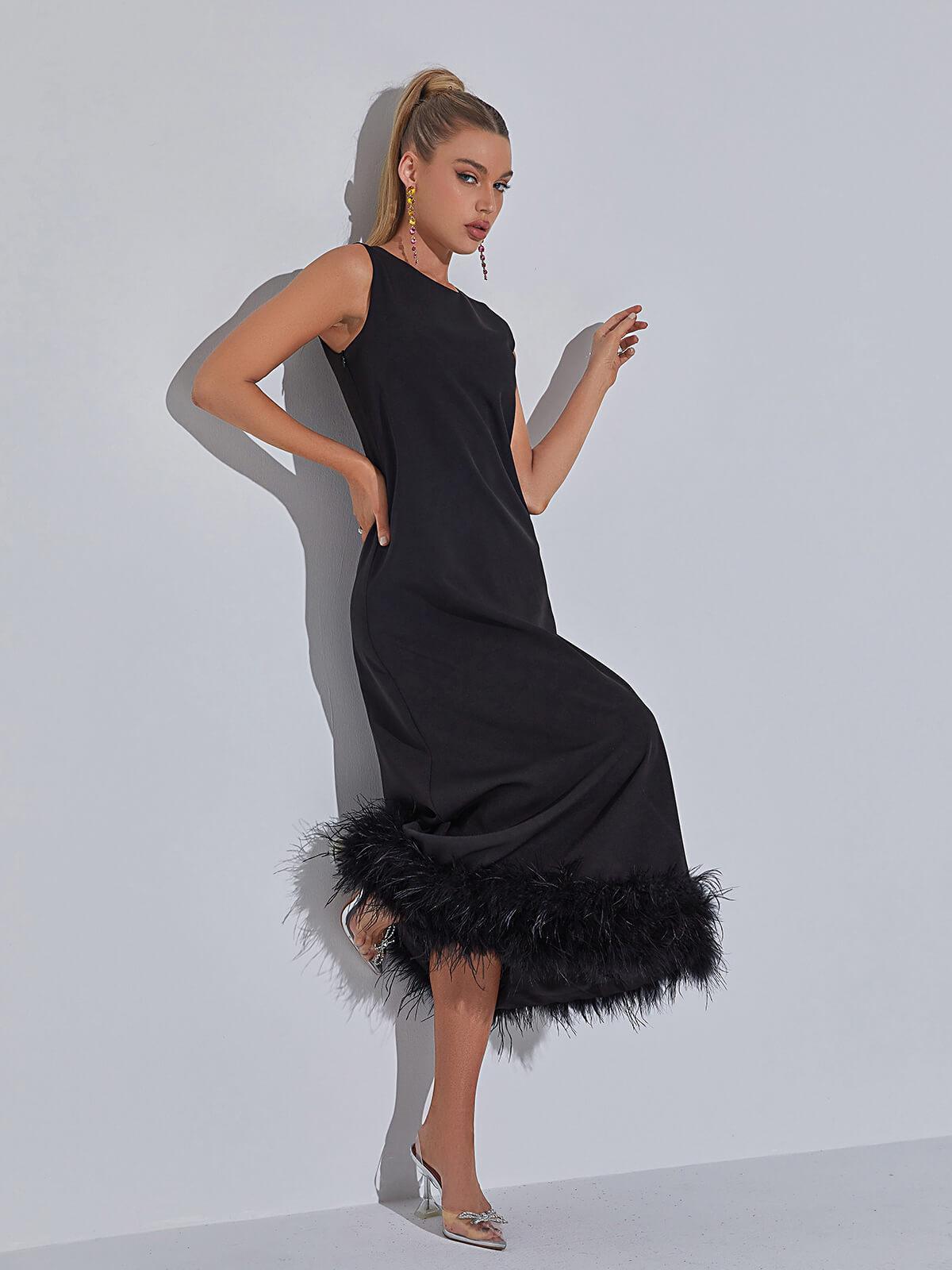 Nisha Feather Midi Dress In Black-Mix MIx Style