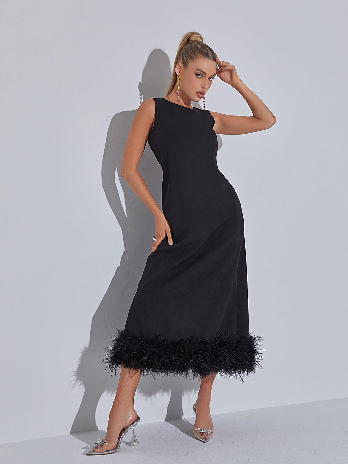 Nisha Feather Midi Dress In Black-Mix MIx Style