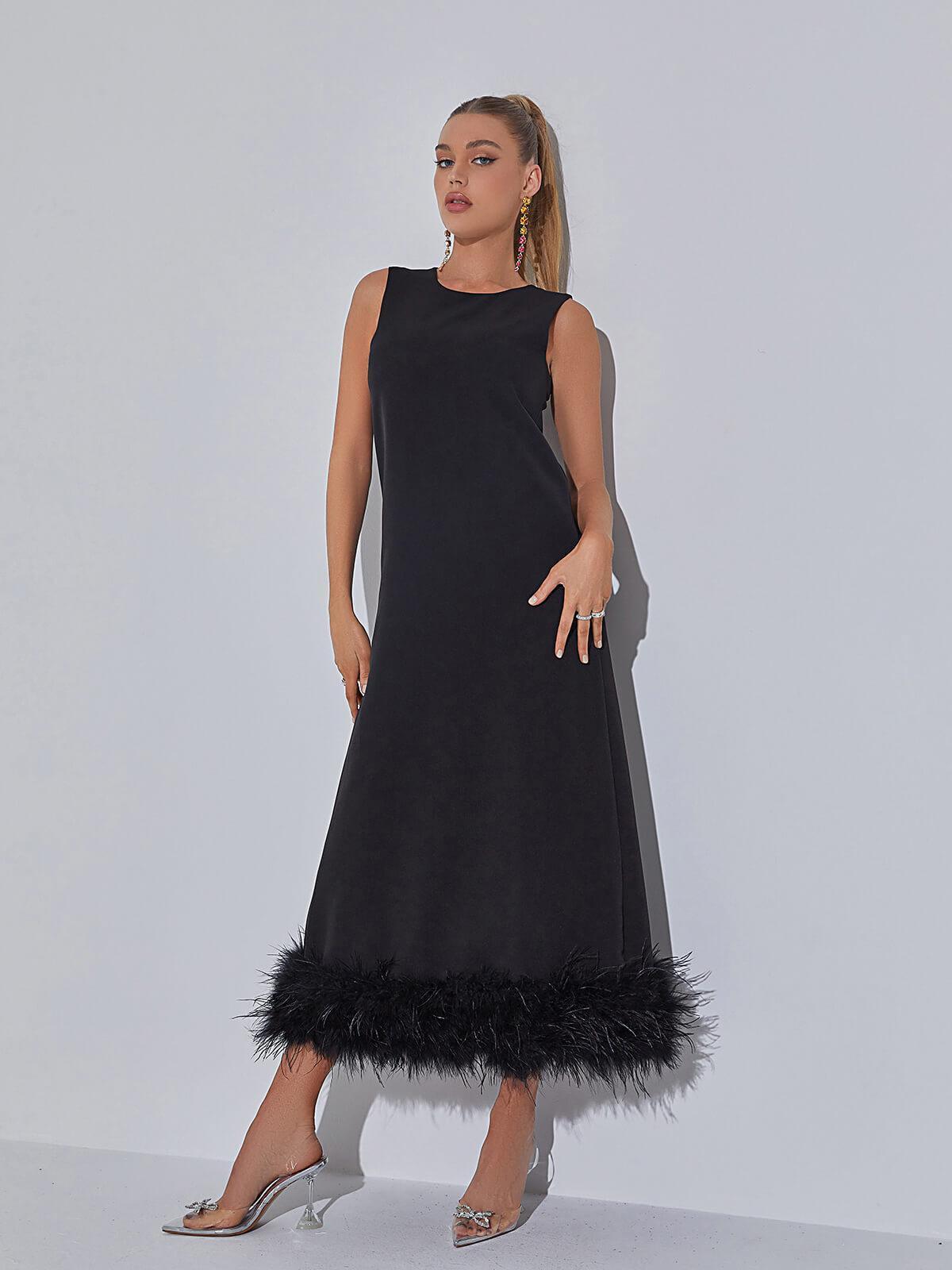 Nisha Feather Midi Dress In Black-Mix MIx Style