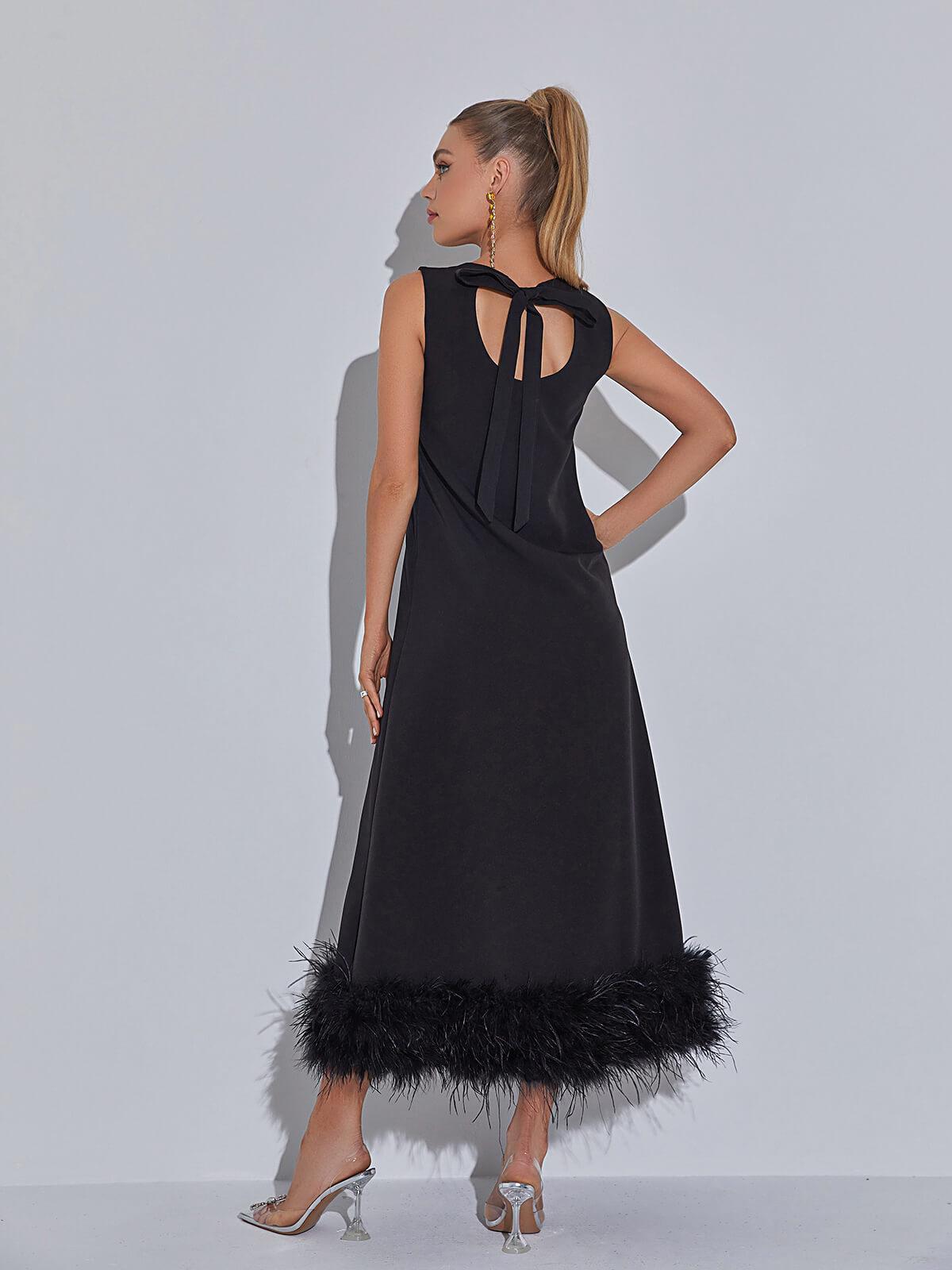 Nisha Feather Midi Dress In Black-Mix MIx Style