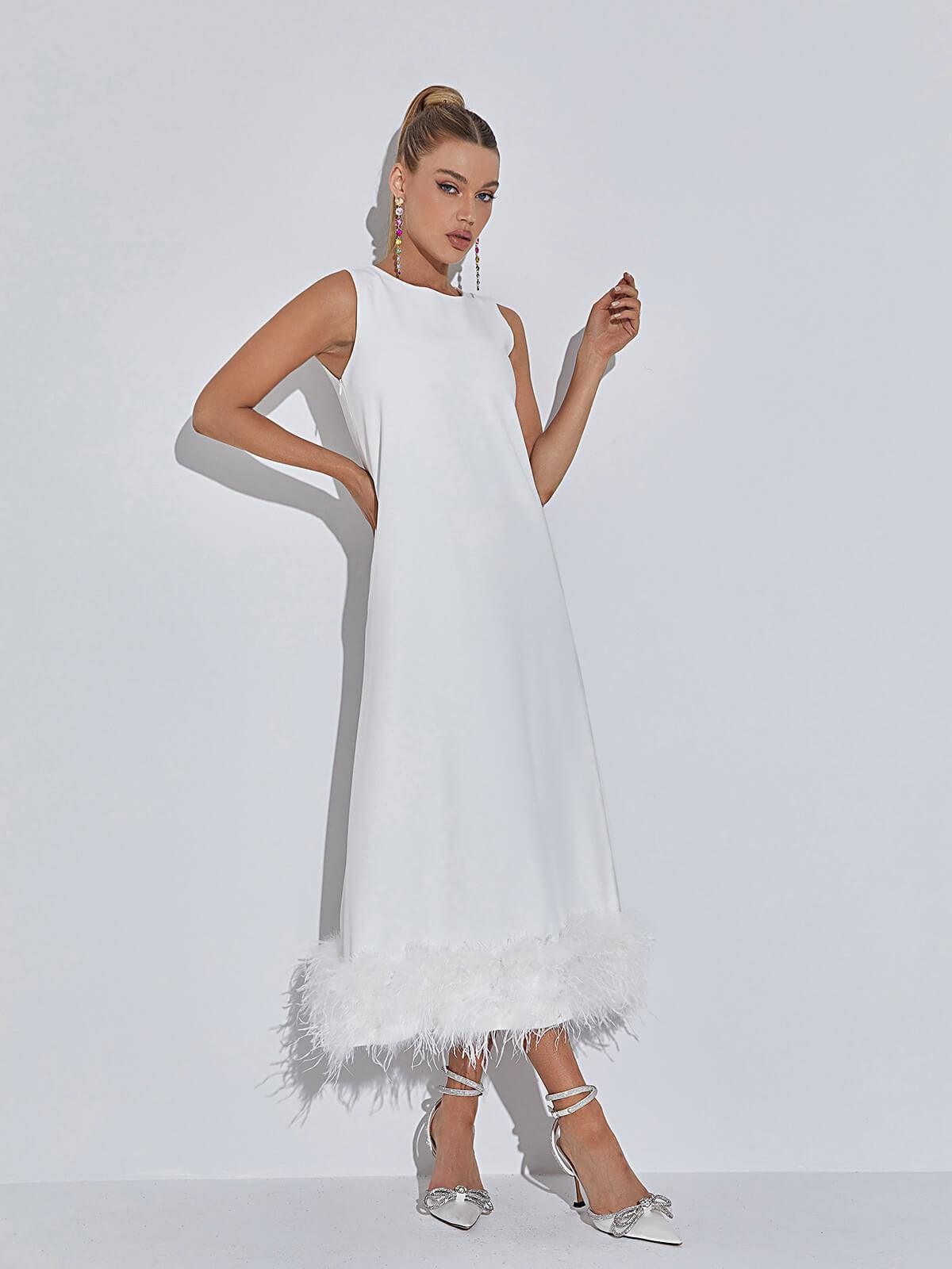 Nisha Feather Midi Dress In White-Mix MIx Style