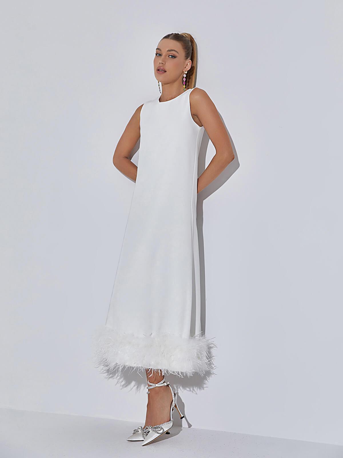 Nisha Feather Midi Dress In White-Mix MIx Style