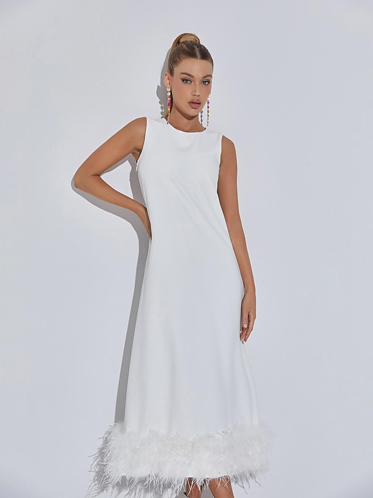 Nisha Feather Midi Dress In White-Mix MIx Style
