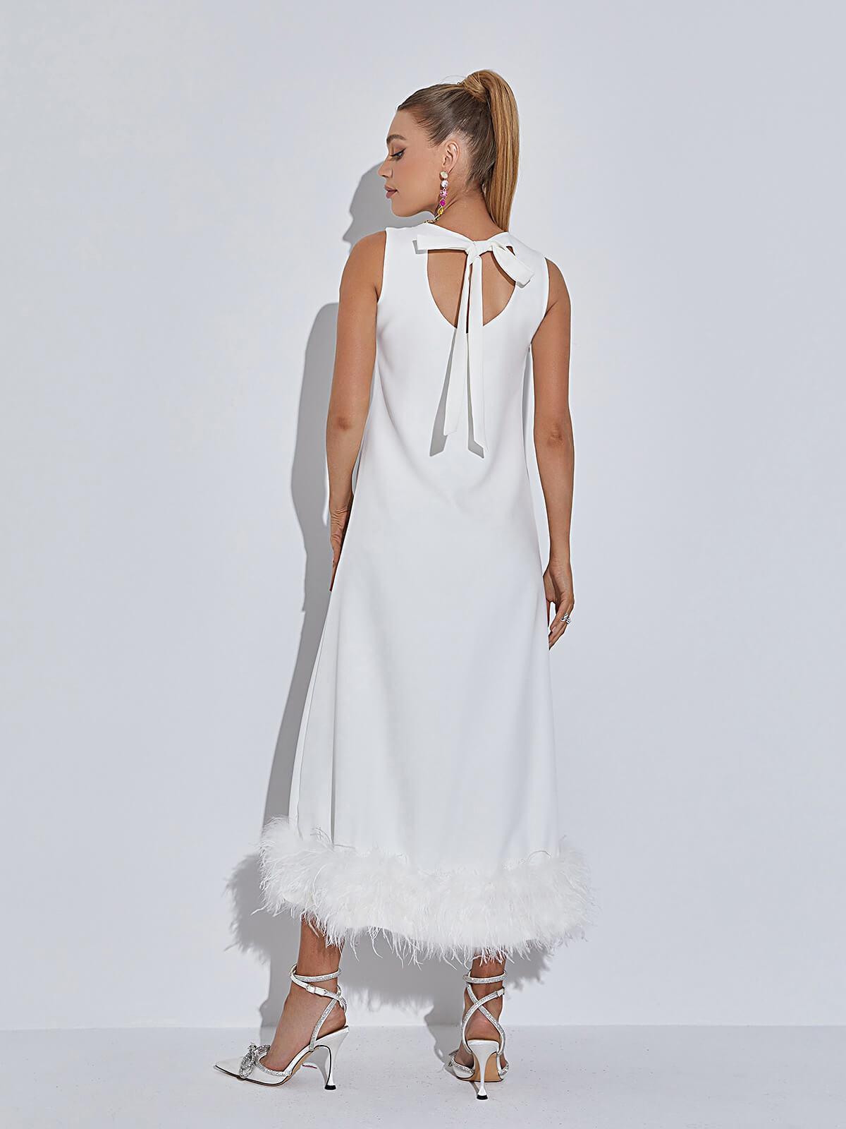 Nisha Feather Midi Dress In White-Mix MIx Style