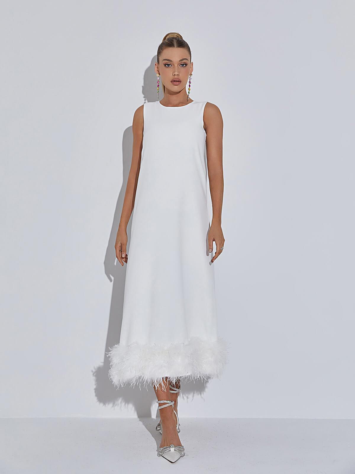 Nisha Feather Midi Dress In White-Mix MIx Style